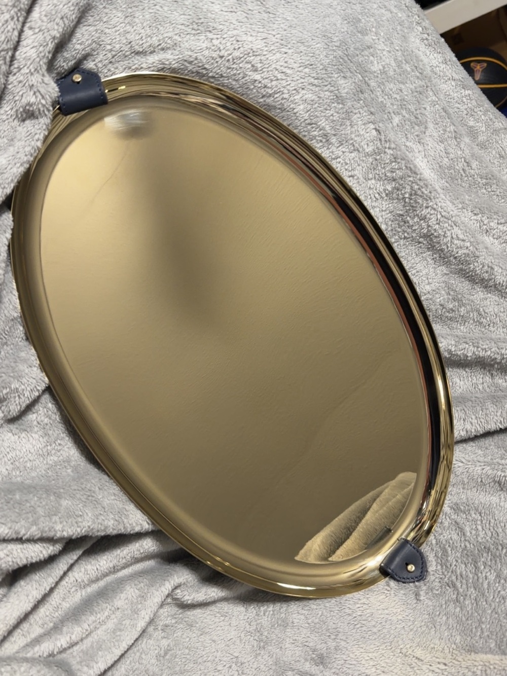 Ralph Lauren Gold Oval Tray with Navy Leather Strap Accents